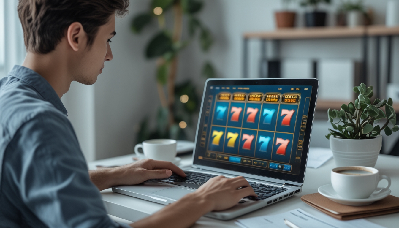 Seseorang bermain slot online di laptop di ruang kerja rumah dengan suasana tenang dan fokus.