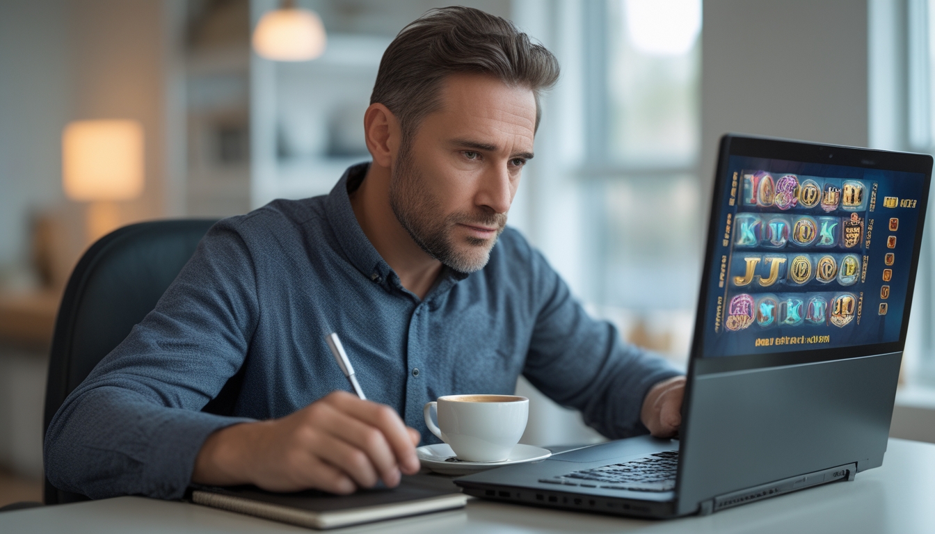 Seorang pria dewasa duduk di meja dengan laptop, fokus bermain permainan slot online di ruangan yang terang dan nyaman.