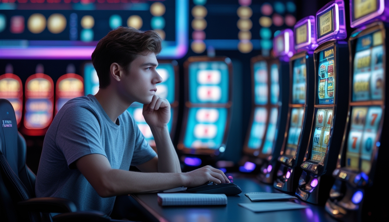 Seorang pria muda duduk di depan beberapa layar mesin slot online dengan ekspresi fokus, di sebuah ruangan permainan yang terang dan modern.