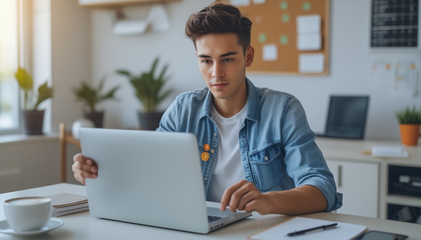 Seseorang duduk di meja kerja dengan laptop, fokus bermain slot online dengan suasana yang tenang dan teratur.