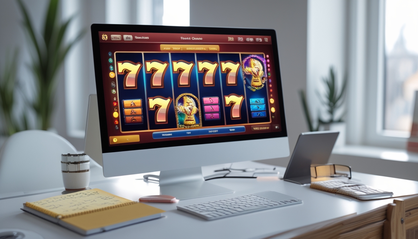 Seorang pria duduk di depan komputer dengan permainan slot online di layar dan buku catatan di sampingnya di ruang kerja yang terang.
