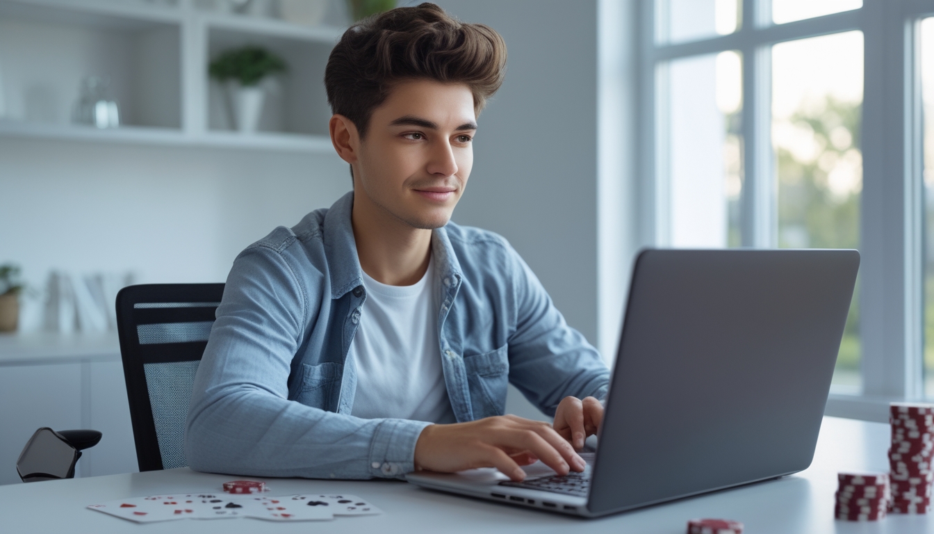 Seseorang muda duduk di meja dengan laptop di ruang kerja yang terang, sedang mencari informasi tentang situs judi online terpercaya.