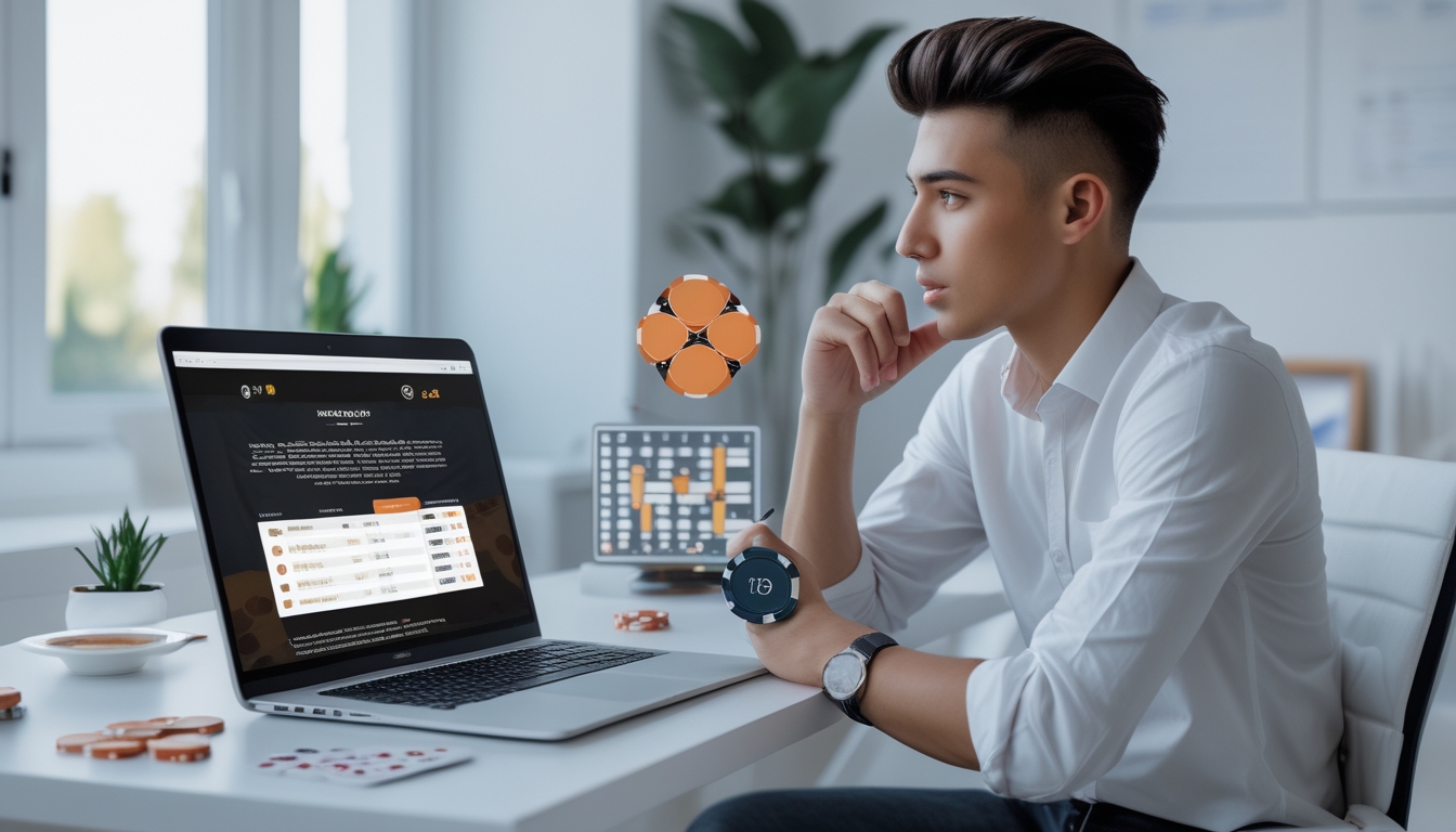 Seorang dewasa muda duduk di meja dengan laptop terbuka menampilkan situs judi online, dikelilingi oleh chip poker, kartu remi, dan grafik, di ruang kerja rumah yang terang dan rapi.