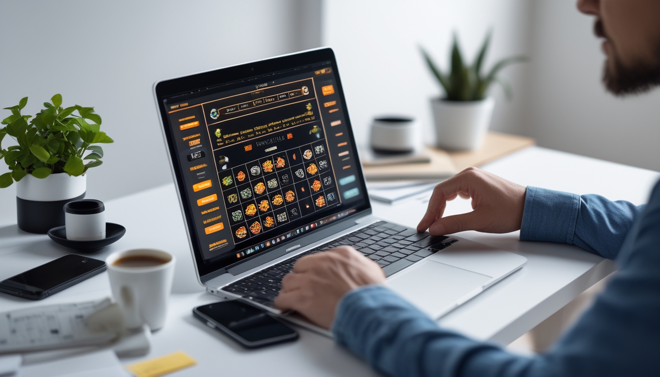 Seseorang sedang fokus bermain judi online di laptop dengan catatan dan kopi di meja.