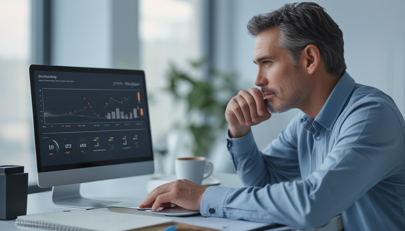 Seorang pria dewasa duduk di meja dengan laptop, terlihat fokus menganalisis data strategi bermain judi online.