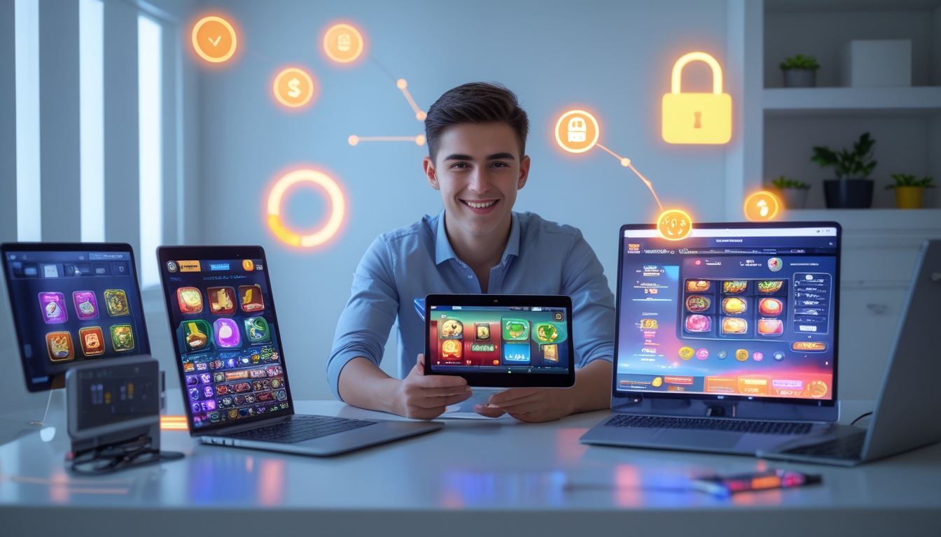 Seorang dewasa muda duduk di meja dengan beberapa perangkat digital yang menampilkan permainan kasino online, terlihat percaya diri dan senang dalam suasana ruangan yang terang dan modern.