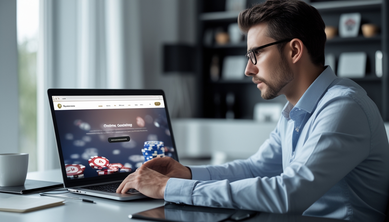 Seorang pria duduk di depan laptop di ruang kerja modern, fokus bermain di situs judi online terpercaya.