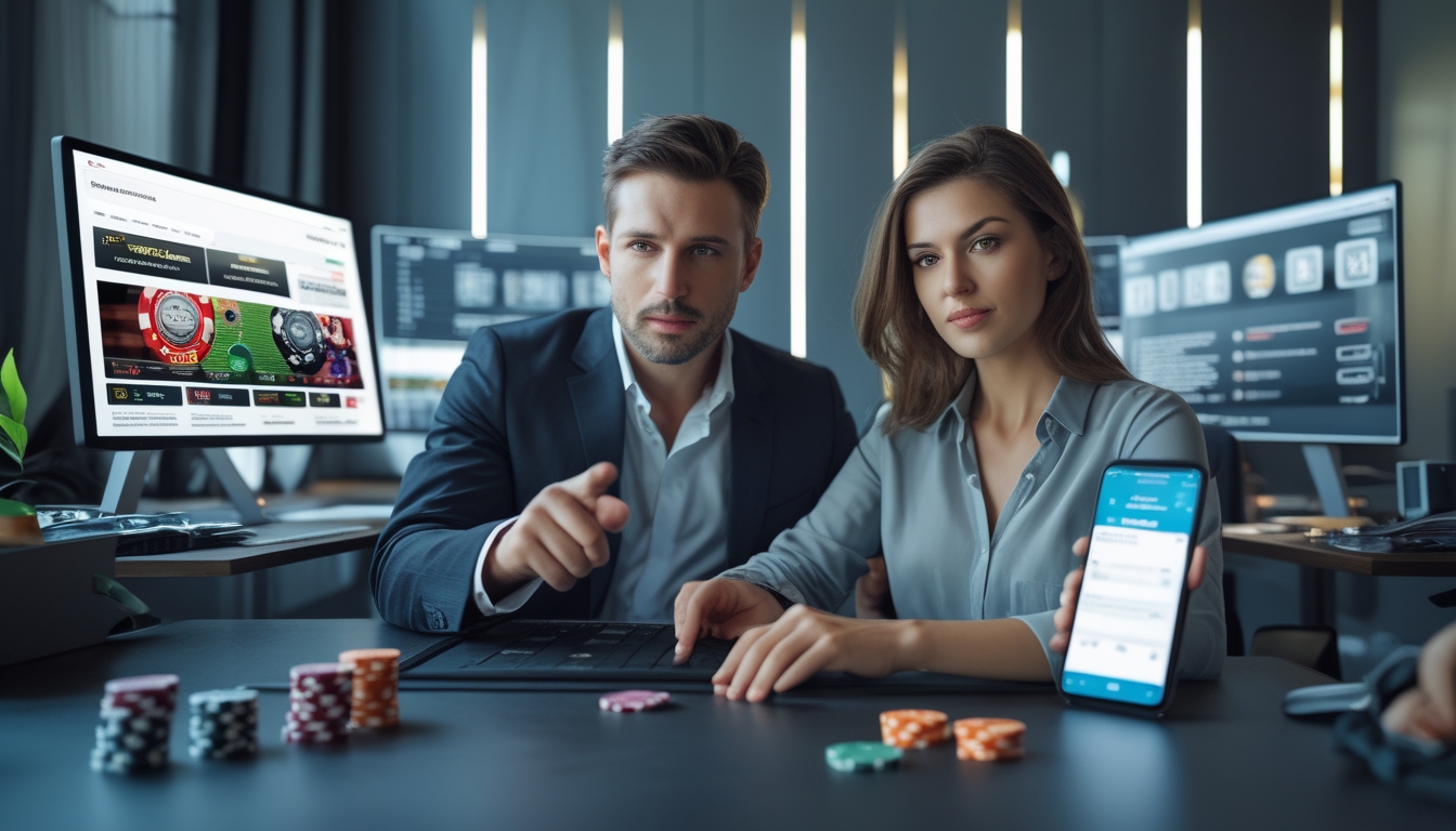 Dua orang dewasa duduk di depan komputer dengan layar menampilkan permainan judi online, mereka terlihat fokus dan serius dalam suasana ruangan yang rapi.