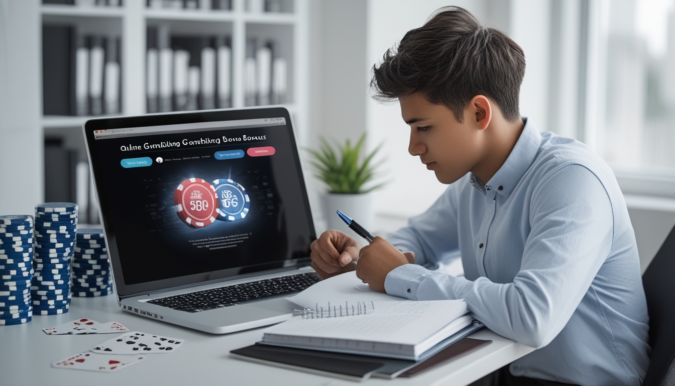 Seseorang duduk di meja dengan laptop yang menampilkan situs judi online, mencatat di buku catatan dengan kartu dan chip judi di sekitar.