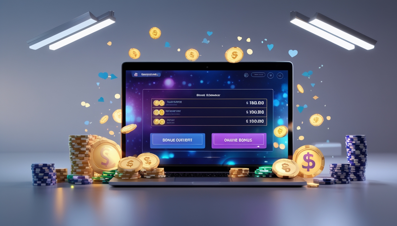 Seorang pengguna laptop dengan tampilan situs judi online dan simbol bonus seperti chip poker dan kartu bermain di sekitarnya.