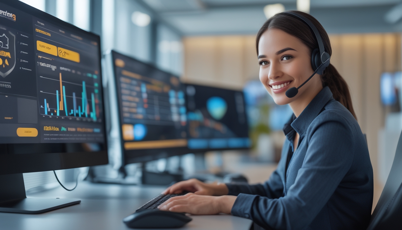 Seorang staf layanan pelanggan yang ramah duduk di meja dengan komputer, siap membantu pengguna situs judi online terpercaya.