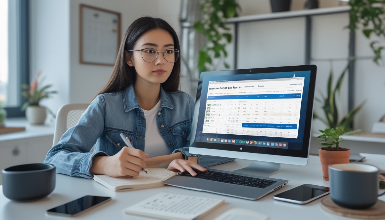 Seorang wanita muda duduk di meja dengan laptop terbuka, sedang menganalisis data taruhan online di ruang kerja yang terang dan rapi.