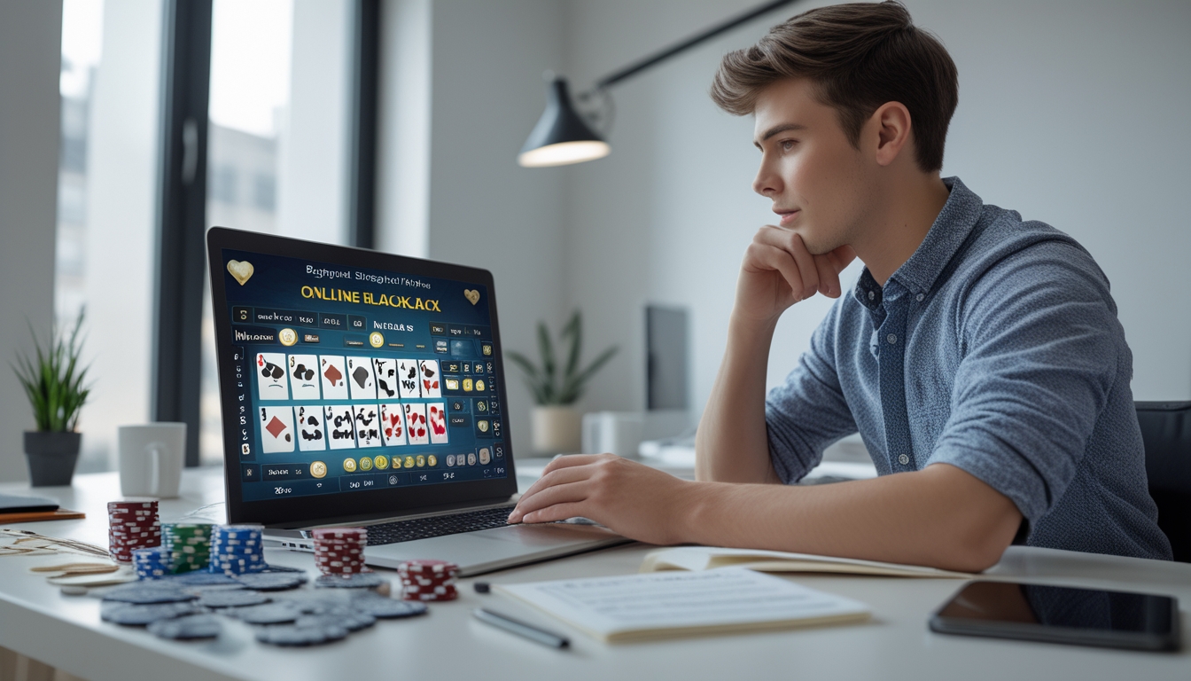 Seseorang sedang belajar strategi blackjack online dengan laptop, kartu, dan catatan di meja.