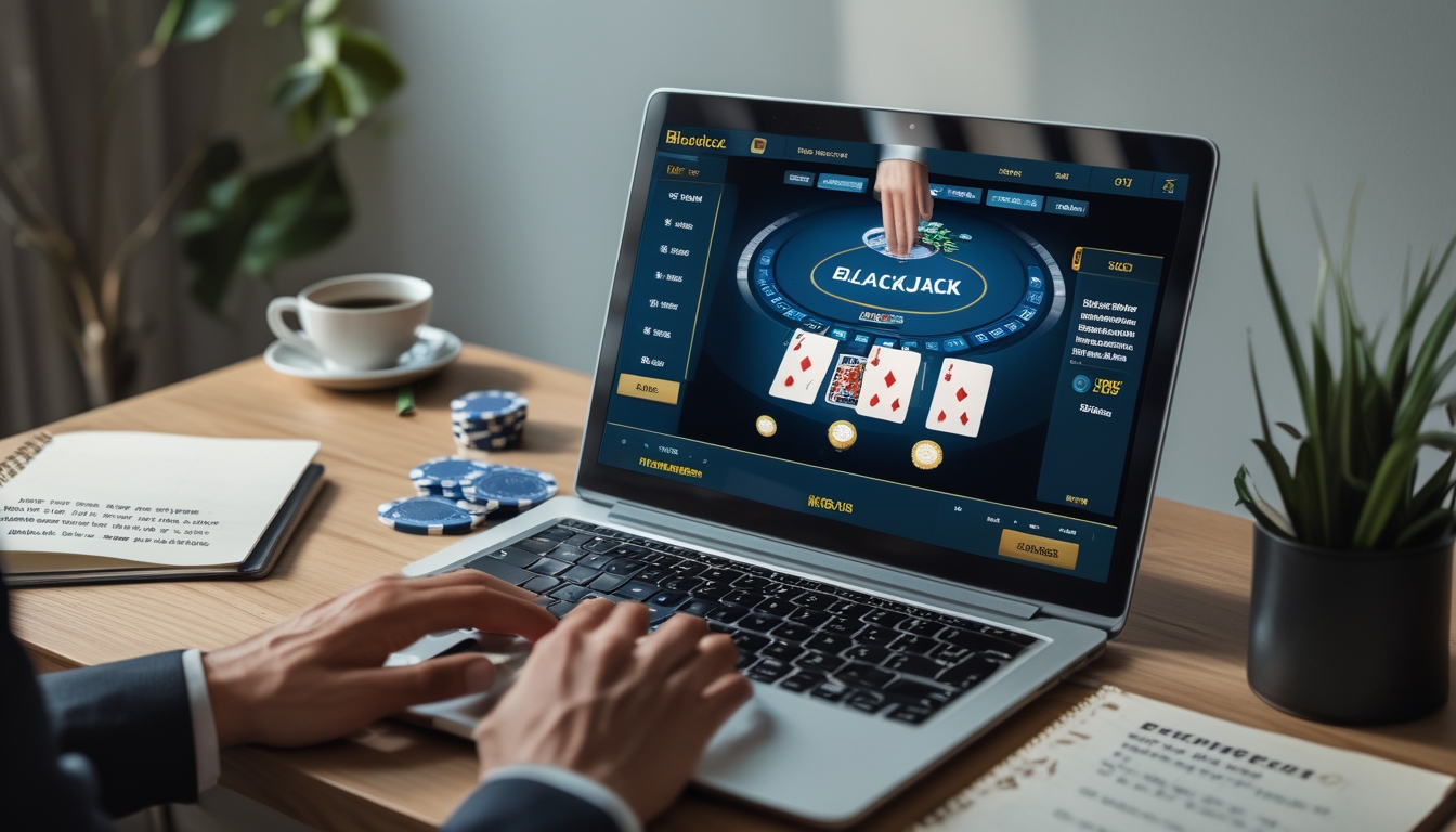Sebuah meja kerja dengan komputer yang menampilkan permainan blackjack online dan beberapa catatan strategi di sekitarnya.