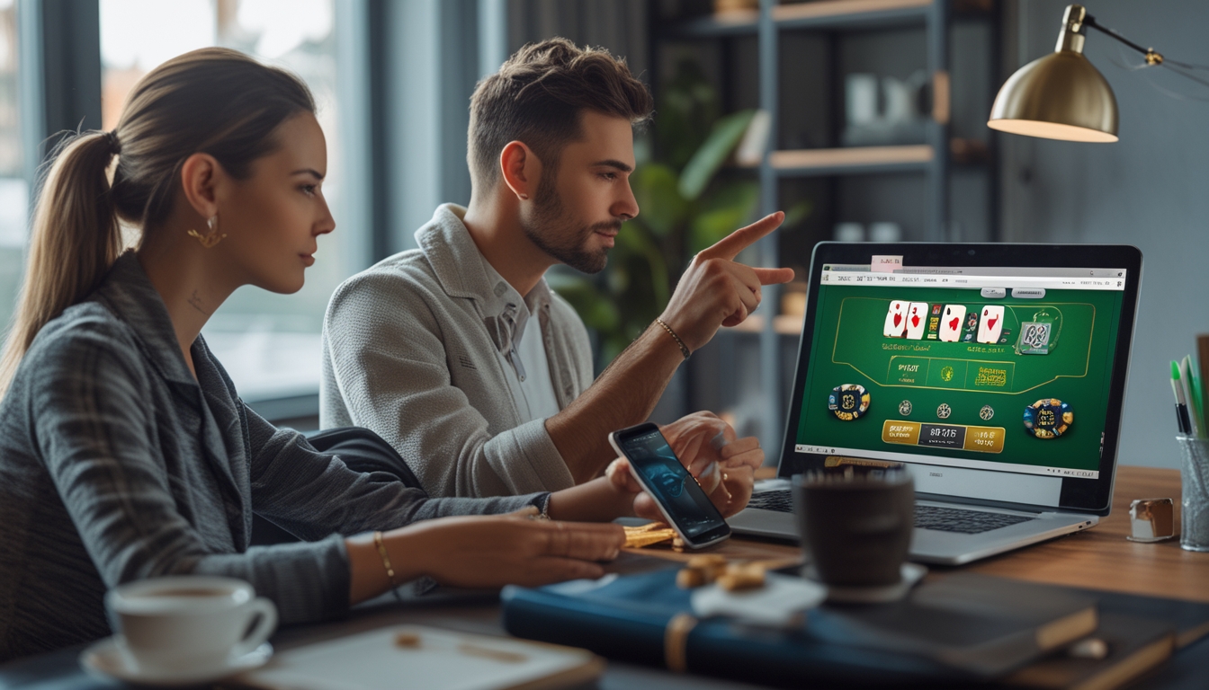 Seorang pria dan wanita sedang bermain blackjack online bersama di depan laptop di meja kerja dengan suasana fokus dan nyaman.