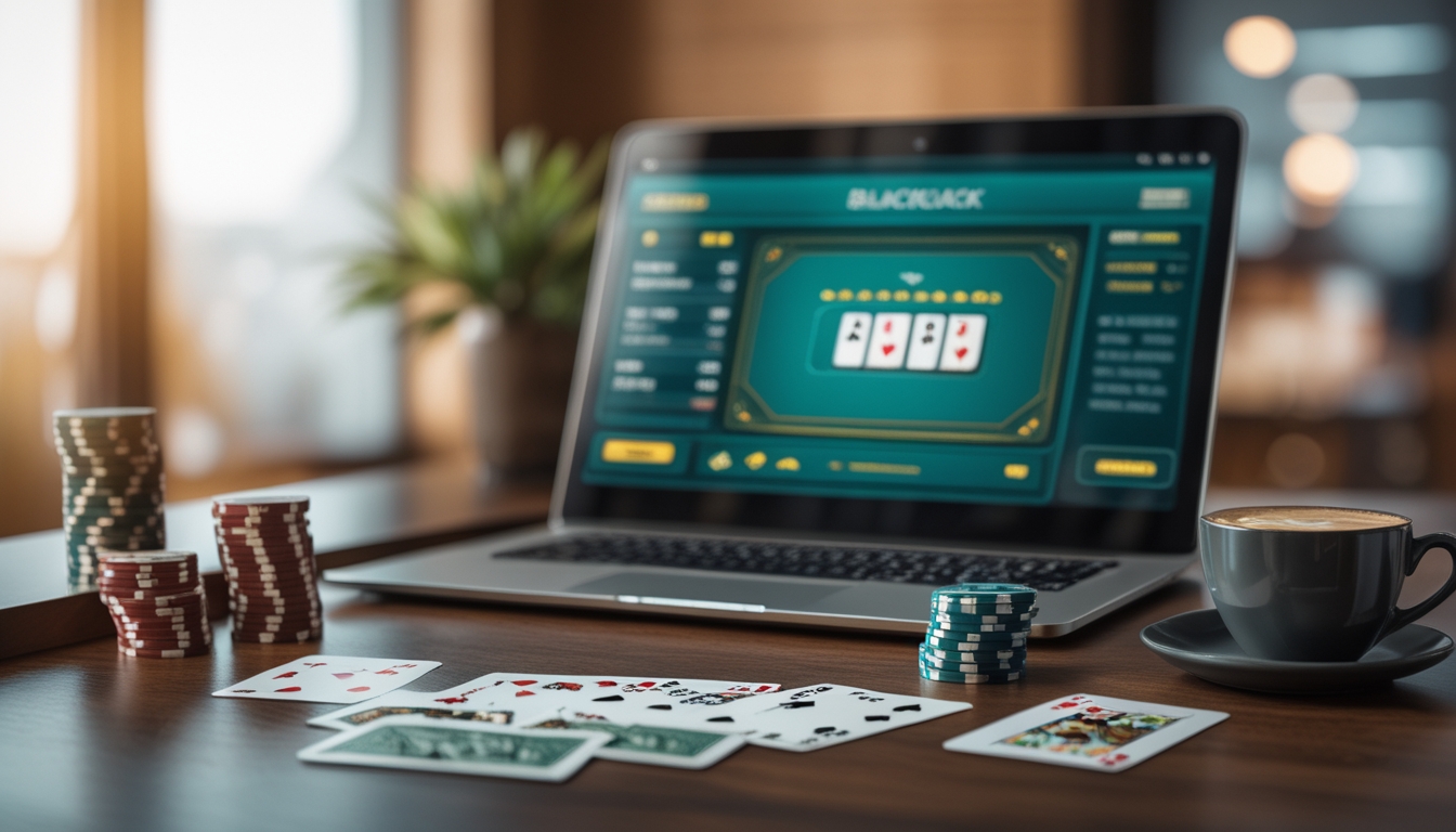 Seorang pemain blackjack online sedang bermain di laptop dengan kartu dan chip poker di atas meja.