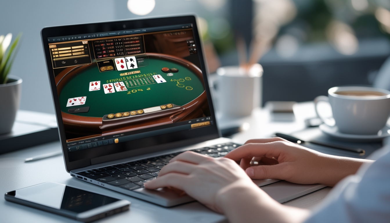 Seorang pemain sedang menggunakan laptop dengan tampilan permainan blackjack online di meja kerja yang rapi.