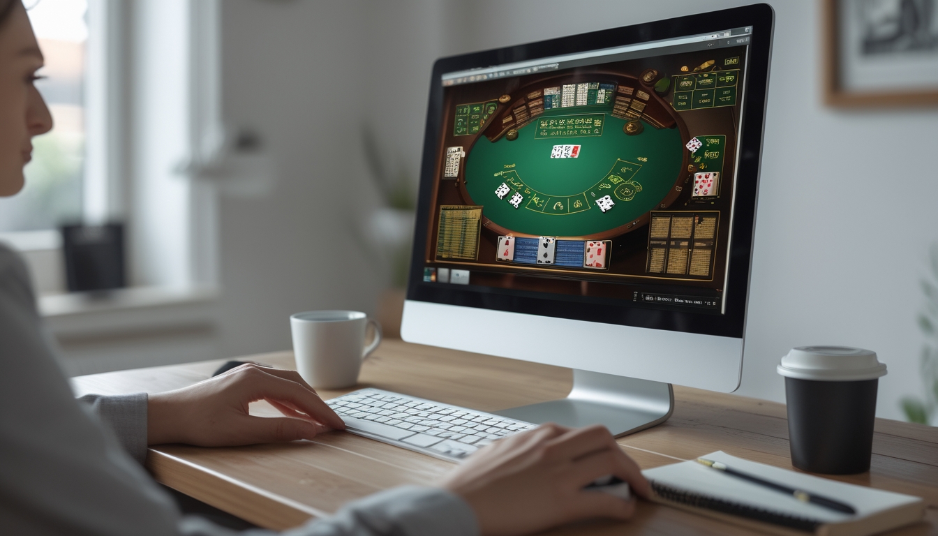 Seseorang bermain blackjack online di depan komputer dengan kartu dan chip terlihat di layar.