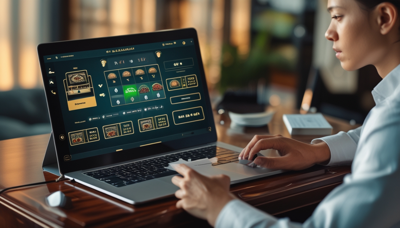 Seseorang sedang bermain blackjack online menggunakan laptop di meja kayu dengan kartu dan chip terlihat jelas.