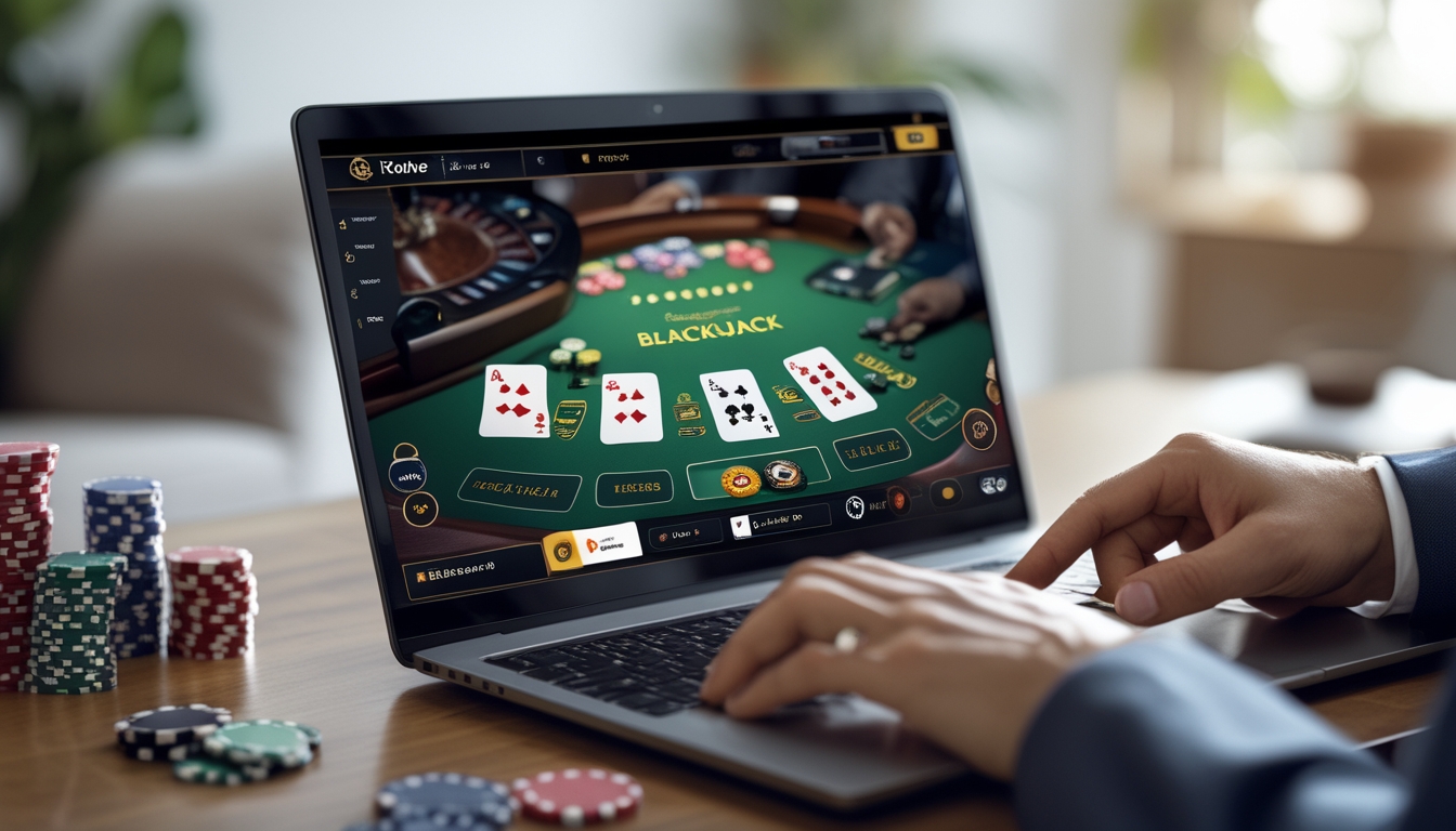 Tangan seseorang sedang bermain permainan blackjack online di komputer dengan kartu dan chip terlihat jelas.