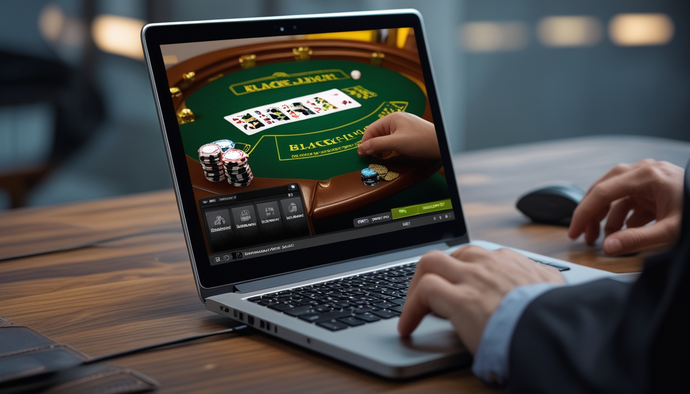 Seseorang bermain blackjack online di laptop dengan kartu dan chip di layar, tangan siap bertaruh di atas meja kayu.