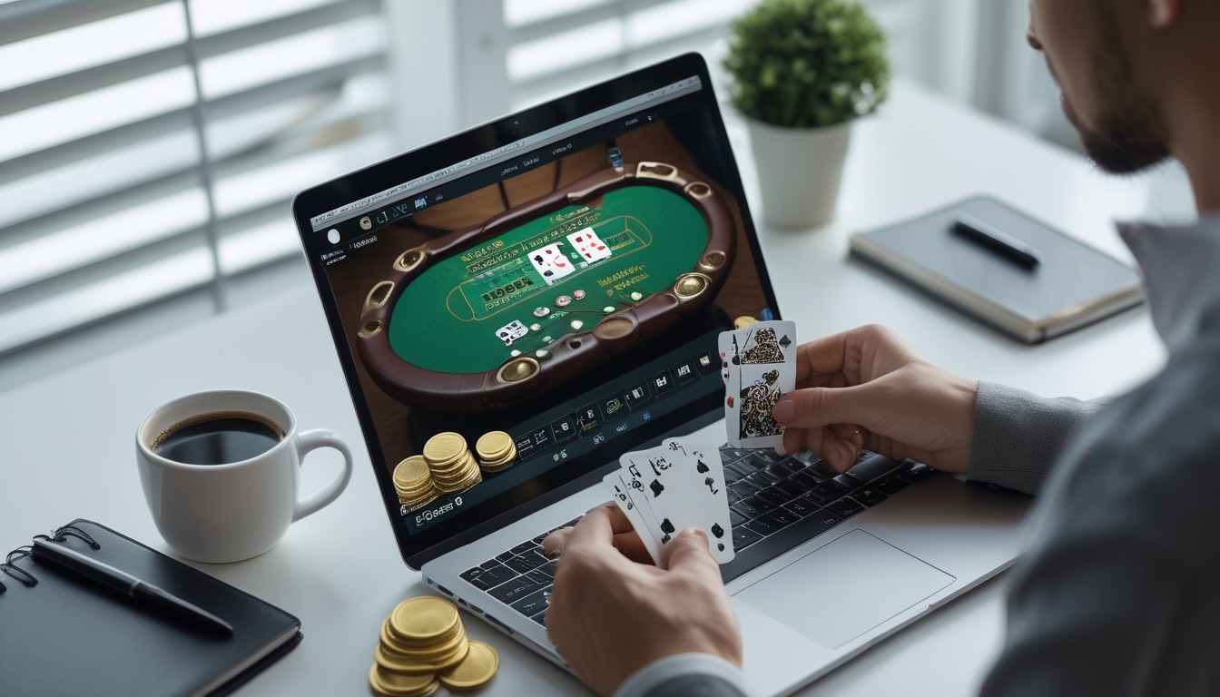 Seseorang sedang bermain blackjack online di laptop dengan kartu dan chip di meja kerja yang rapi.