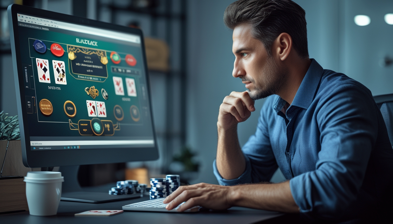 Seorang pemain dewasa yang serius duduk di depan komputer bermain blackjack online dengan tumpukan chip dan kartu di layar.