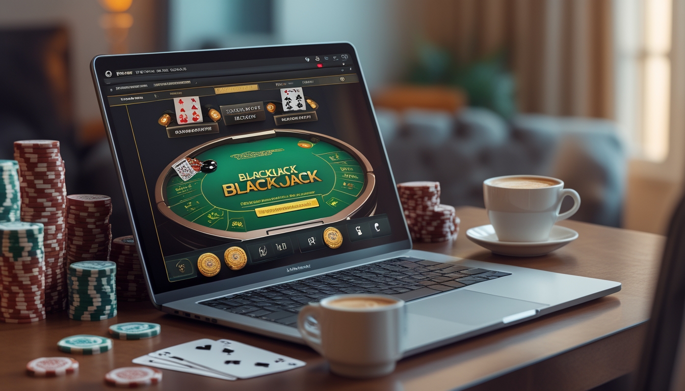 Sebuah laptop menampilkan permainan blackjack online dengan tumpukan chip poker dan kartu bermain di meja, di ruang kerja yang nyaman.