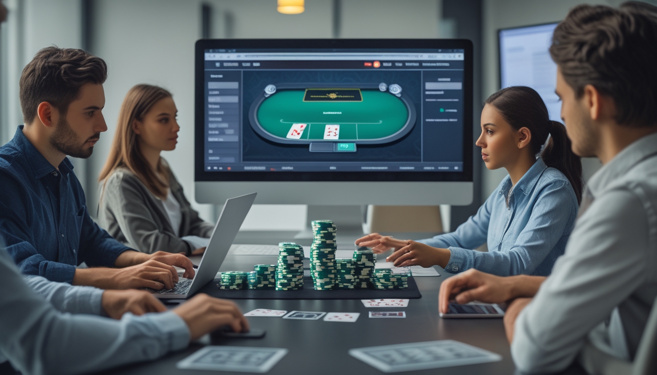 Sekelompok pemain yang serius dan pemula sedang bermain blackjack online di depan layar komputer dengan kartu dan chip di meja.
