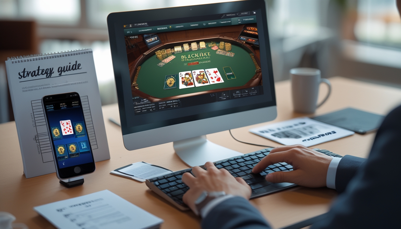 Seseorang sedang bermain blackjack online di depan komputer dengan kartu dan chip di layar, dikelilingi oleh catatan strategi dan ponsel.