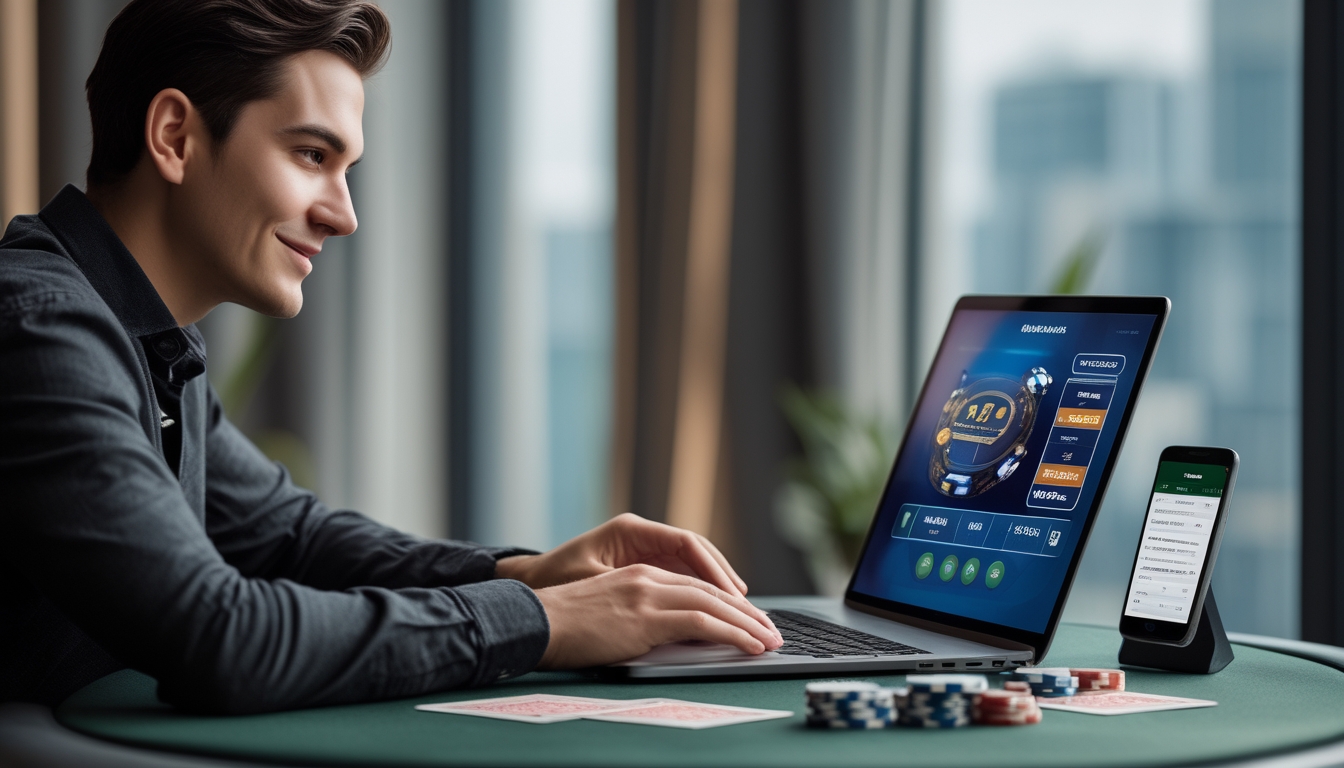 Seseorang duduk di meja kasino dengan laptop yang menampilkan permainan blackjack online, dikelilingi chip dan kartu remi.