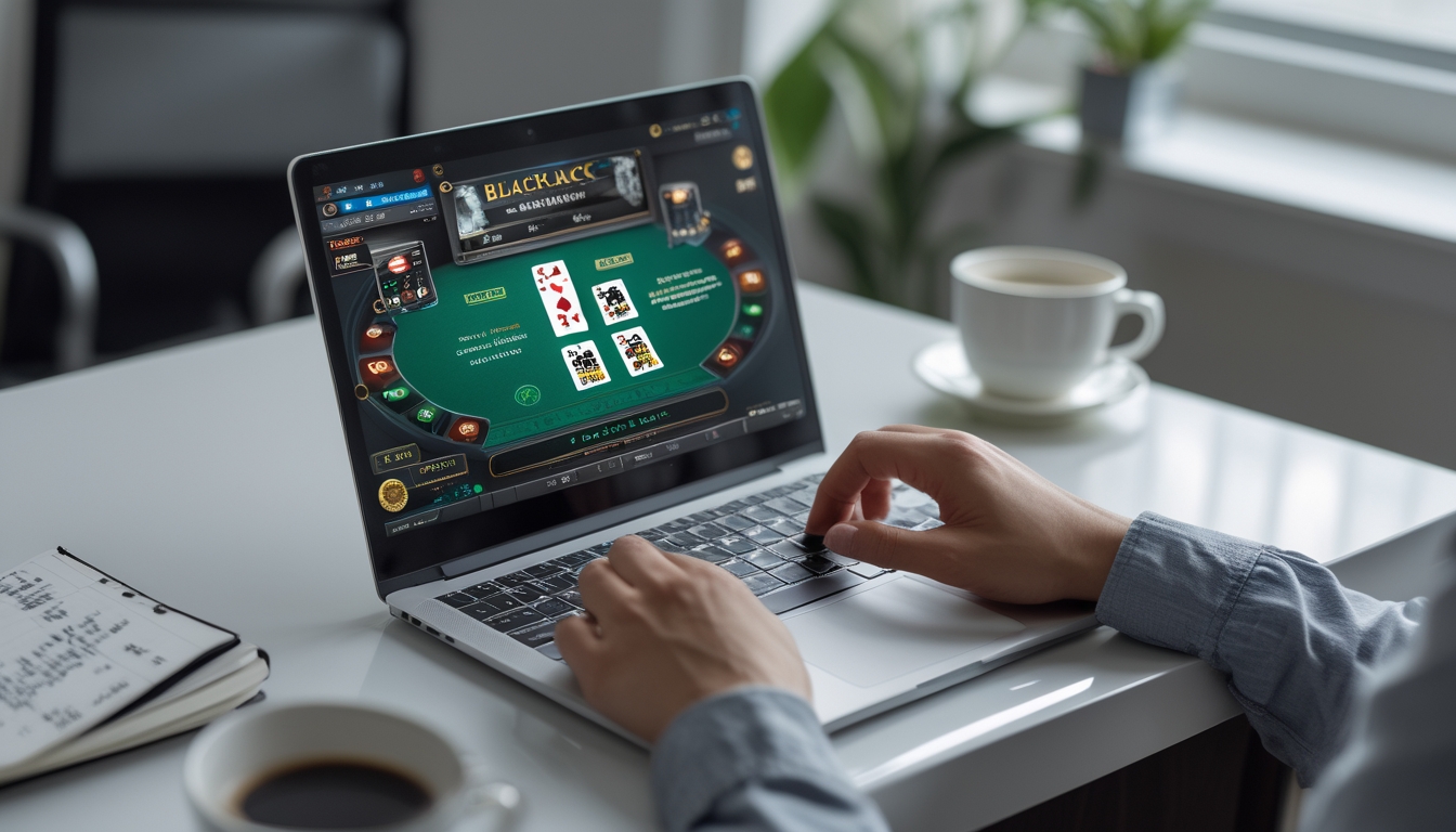 Seorang pemain muda sedang bermain blackjack online di laptop dengan tumpukan chip dan kartu di layar, duduk di meja dengan kopi dan catatan strategi.