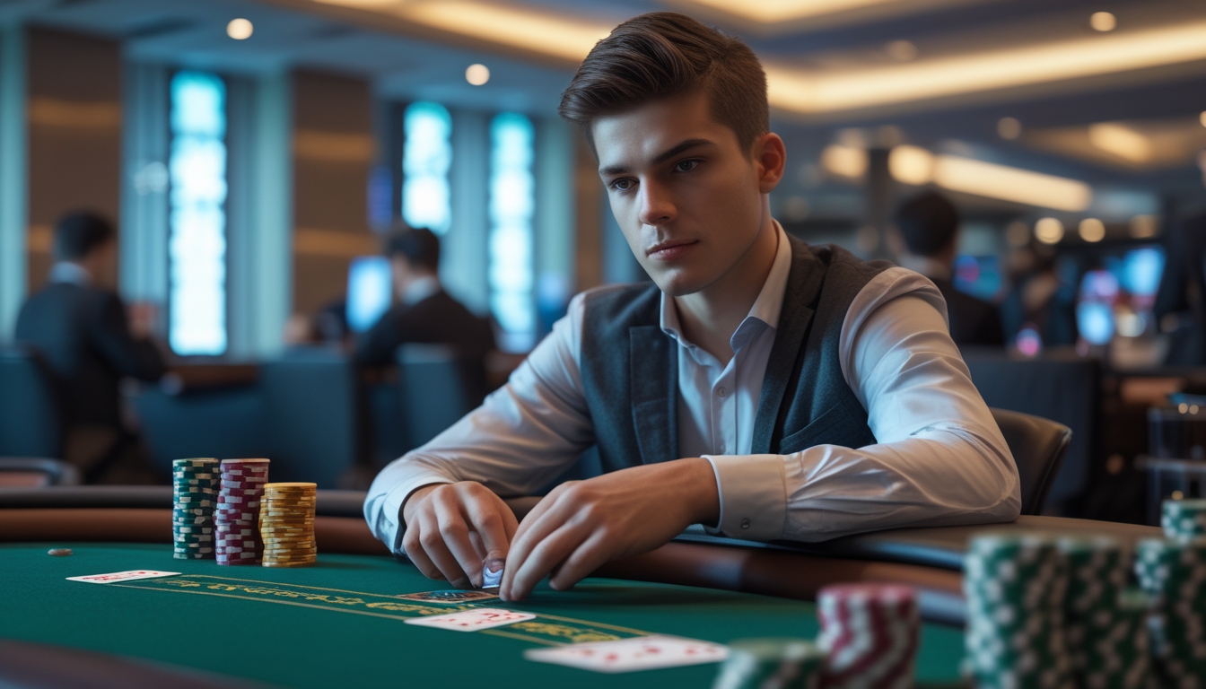 Seorang pria muda duduk di meja blackjack kasino dengan tumpukan chip dan kartu, tampak fokus dan serius bermain.