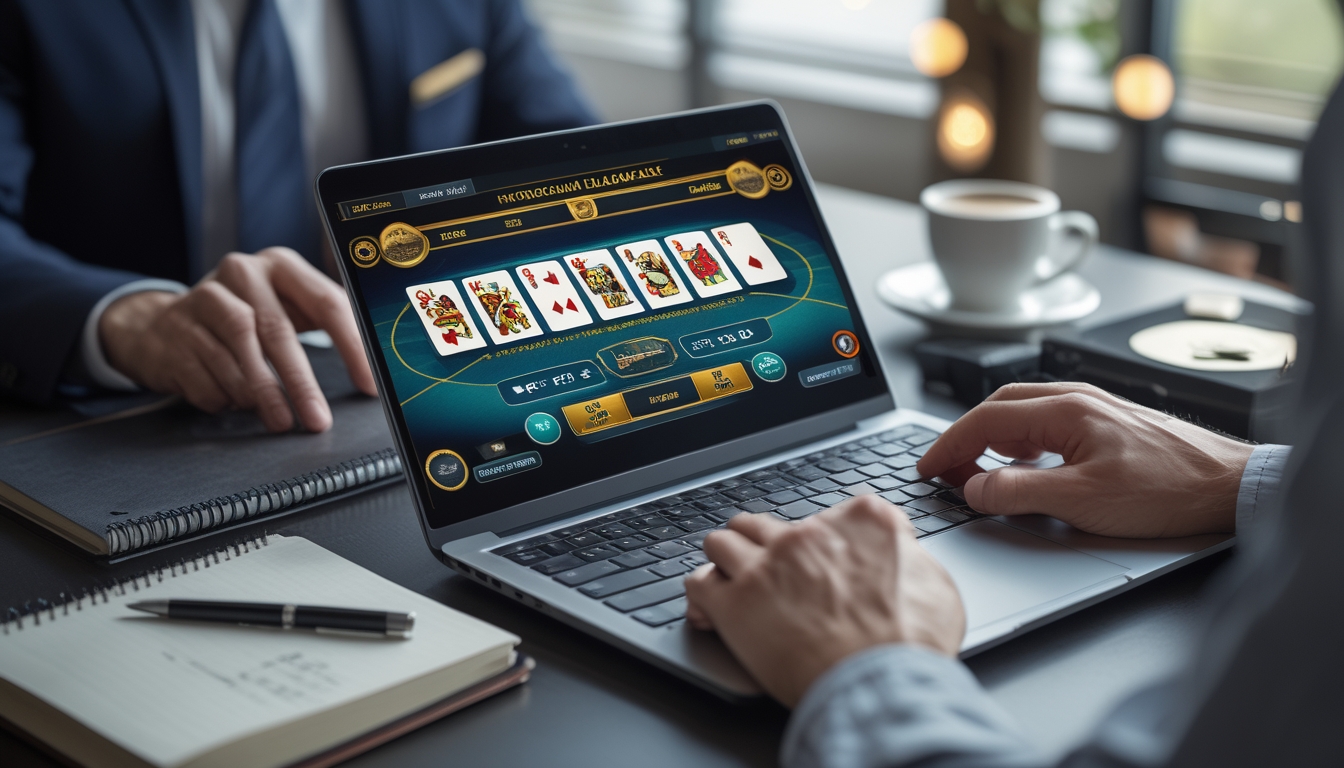 Seorang pemain sedang bermain blackjack online di depan laptop dengan kartu dan chip terlihat jelas, di meja terdapat catatan strategi dan secangkir kopi.