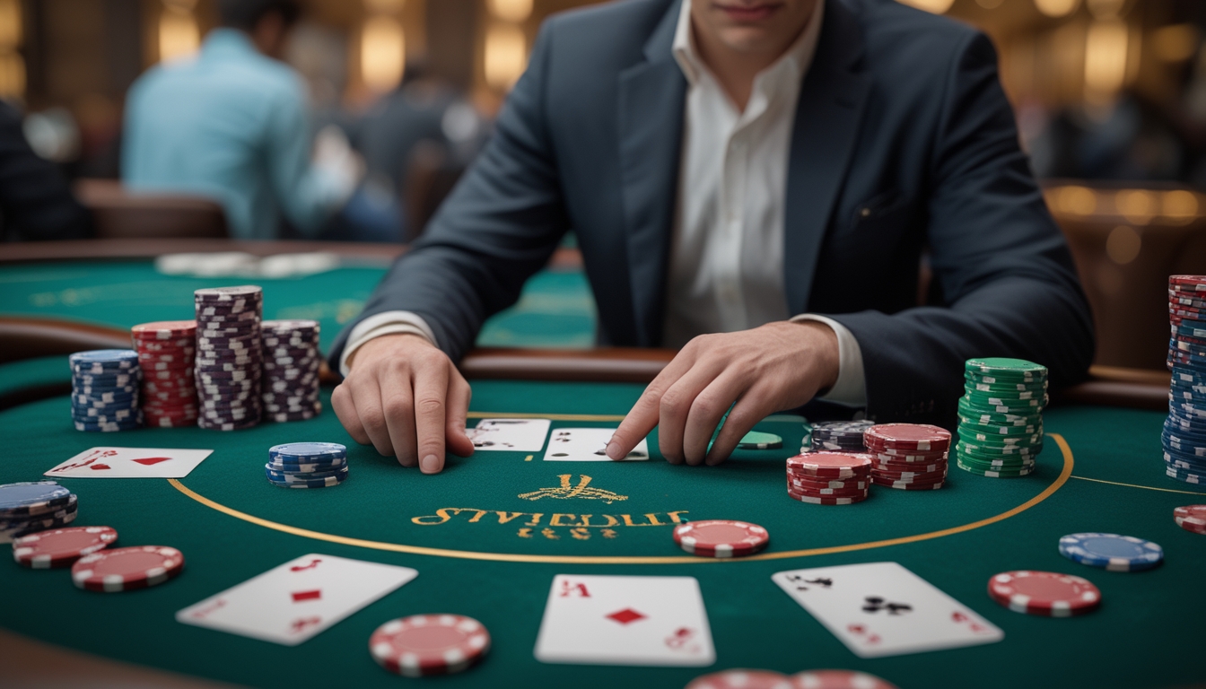 Seseorang duduk di meja blackjack dengan kartu dan chip poker di kasino yang terang dan elegan.