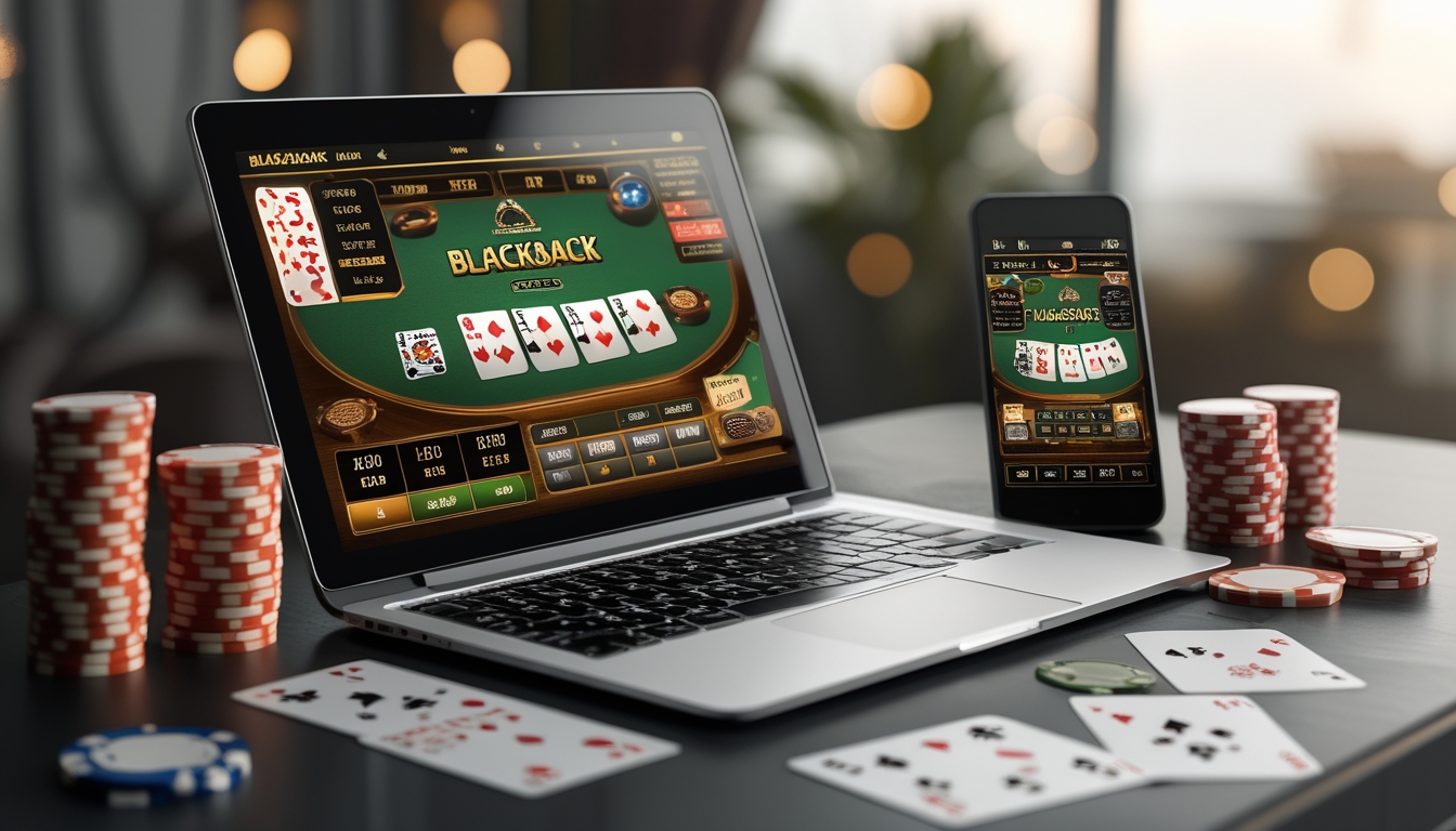Seorang pemain sedang bermain blackjack online dengan laptop, kartu, dan chip poker di atas meja.