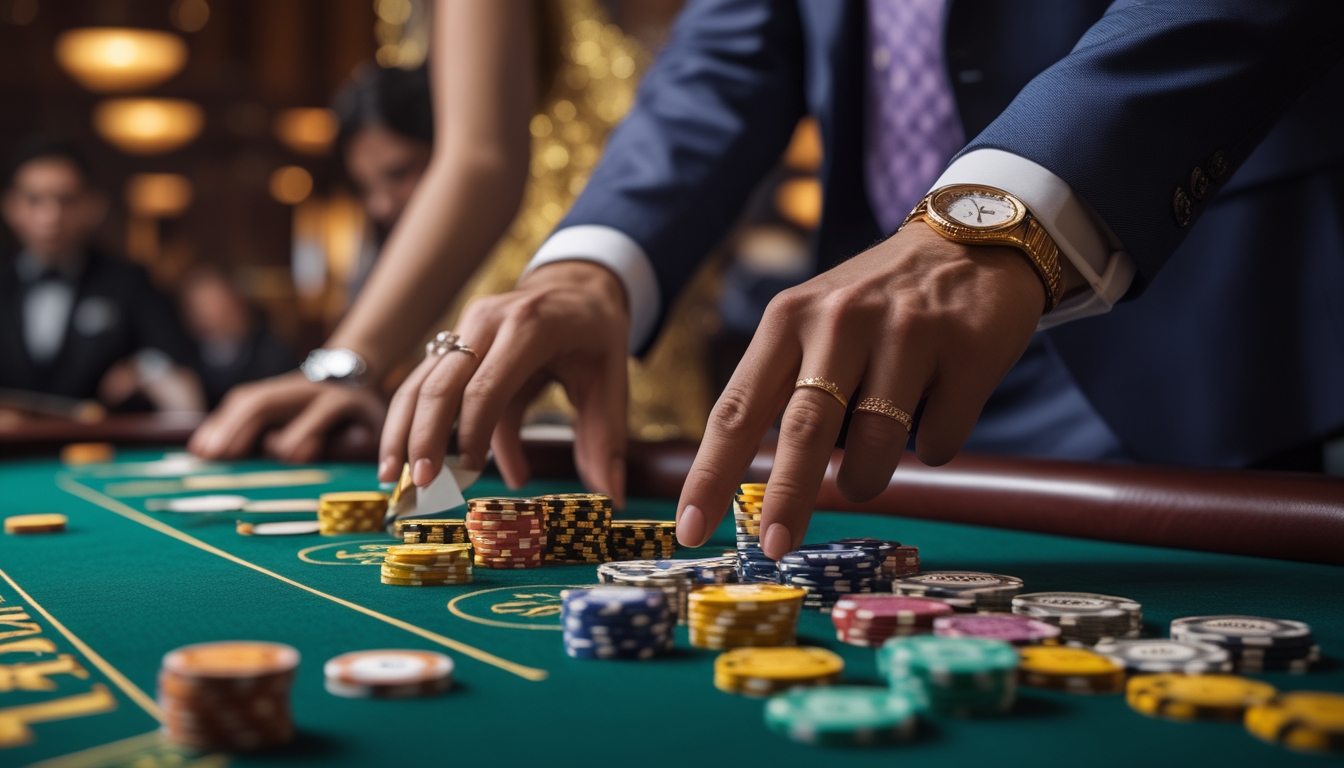 Meja baccarat di kasino dengan tangan pemain profesional sedang memasang taruhan.