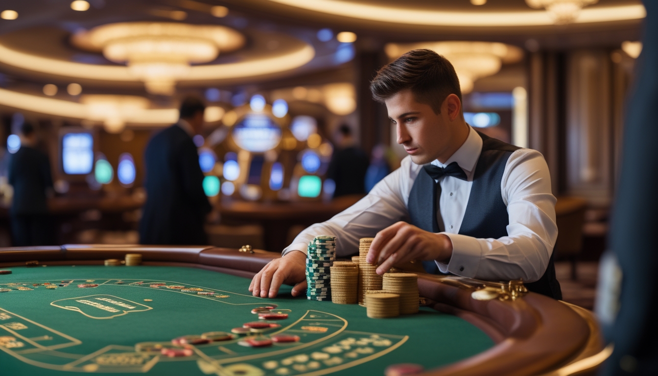 Seorang pemain profesional di meja Baccarat di kasino mewah sedang memegang chip dan memperhatikan kartu dengan serius.