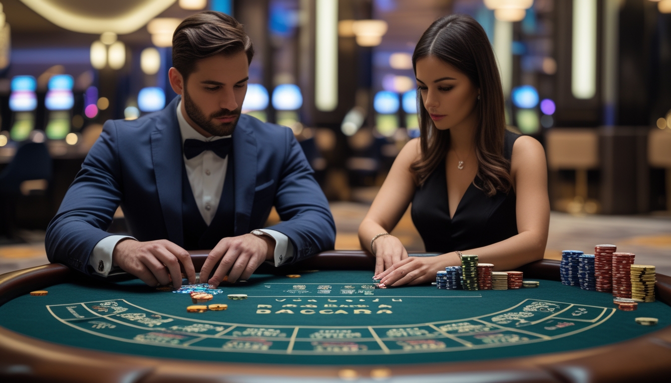 Dua pemain berjudi baccarat di meja kasino dengan kartu dan chip, fokus pada permainan dalam suasana kasino yang mewah.