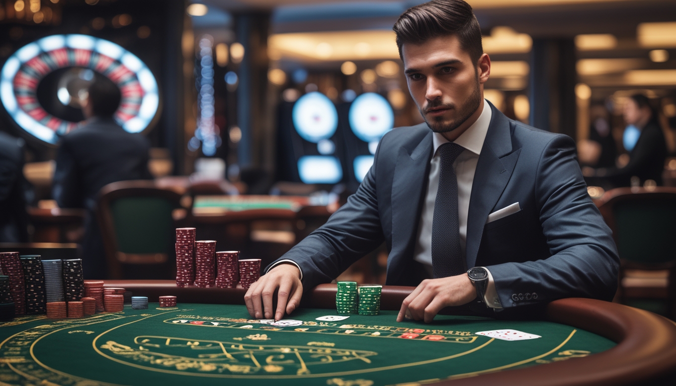 Seorang pemain profesional yang berpakaian rapi duduk di meja baccarat di kasino, memegang kartu dan chip taruhan dengan suasana kasino di latar belakang.