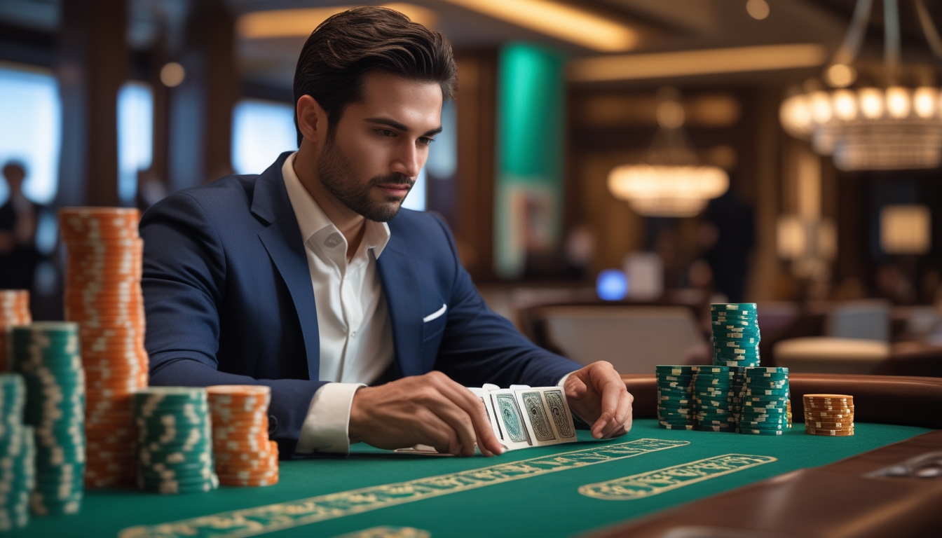 Seorang pemain baccarat profesional yang fokus duduk di meja kasino dengan kartu dan chip taruhan di depan.