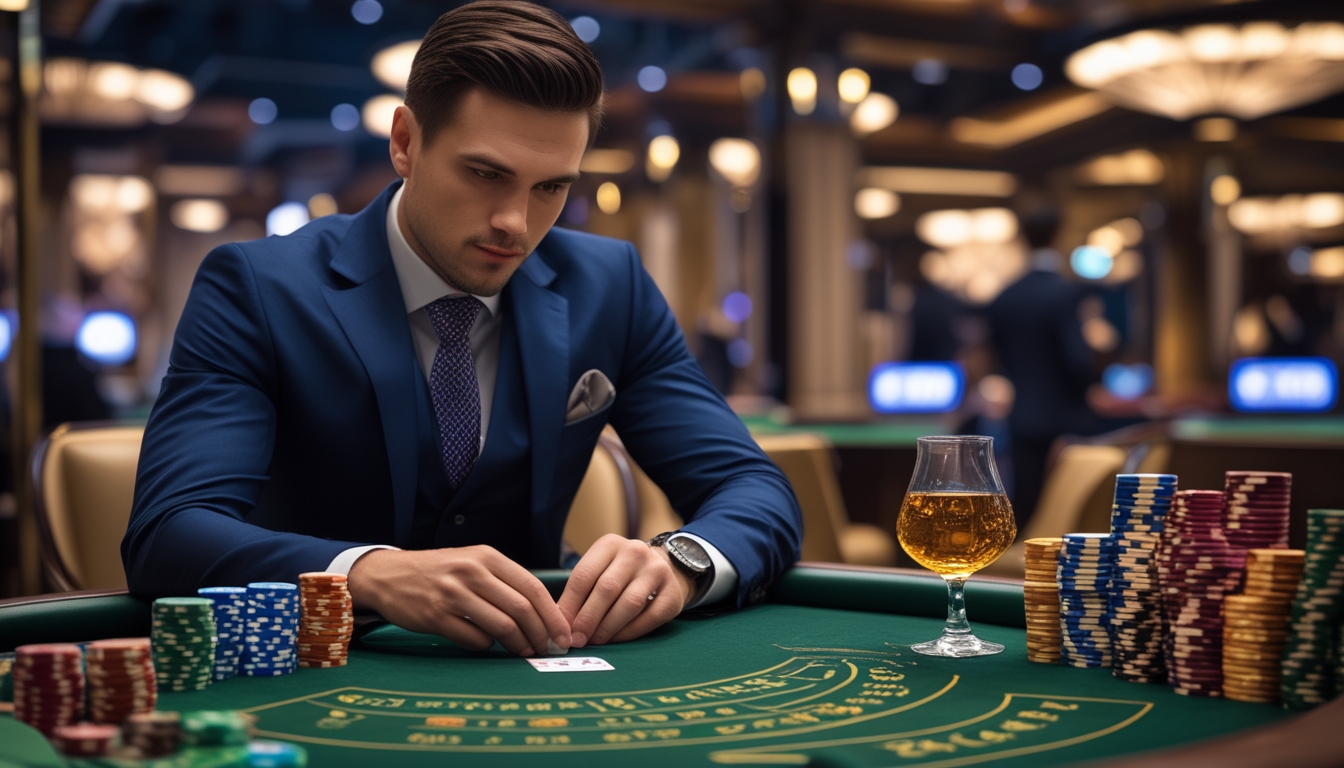 Seorang pemain profesional yang berpakaian rapi sedang fokus bermain Baccarat di meja kasino dengan tumpukan chip dan kartu.