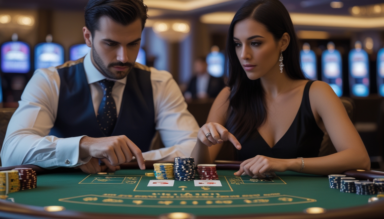 Dua orang sedang duduk di meja baccarat di kasino, fokus pada kartu dan chip taruhan dengan ekspresi serius dan penuh konsentrasi.