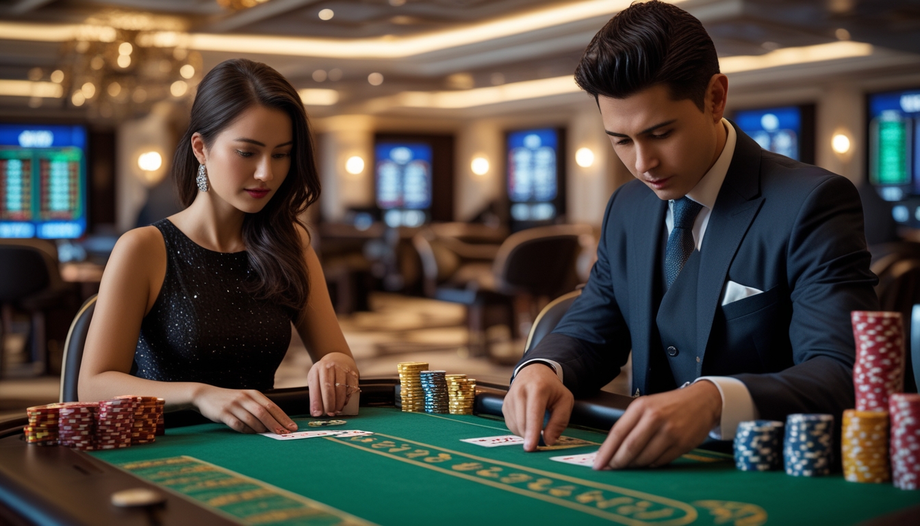 Dua pemain dan seorang dealer profesional sedang bermain baccarat di meja kasino dengan suasana mewah dan pencahayaan hangat.
