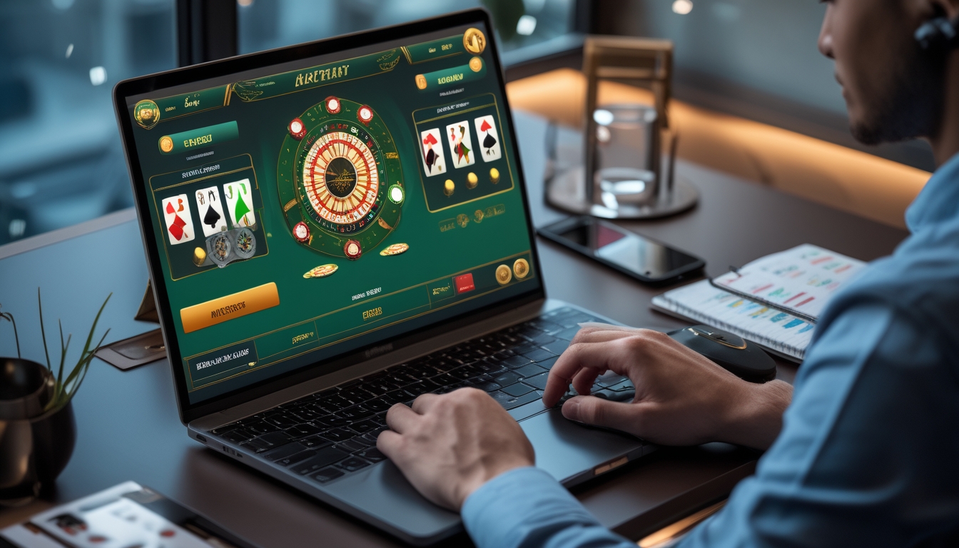Seseorang yang fokus menggunakan laptop untuk bermain baccarat online dengan chip taruhan dan catatan strategi di meja.