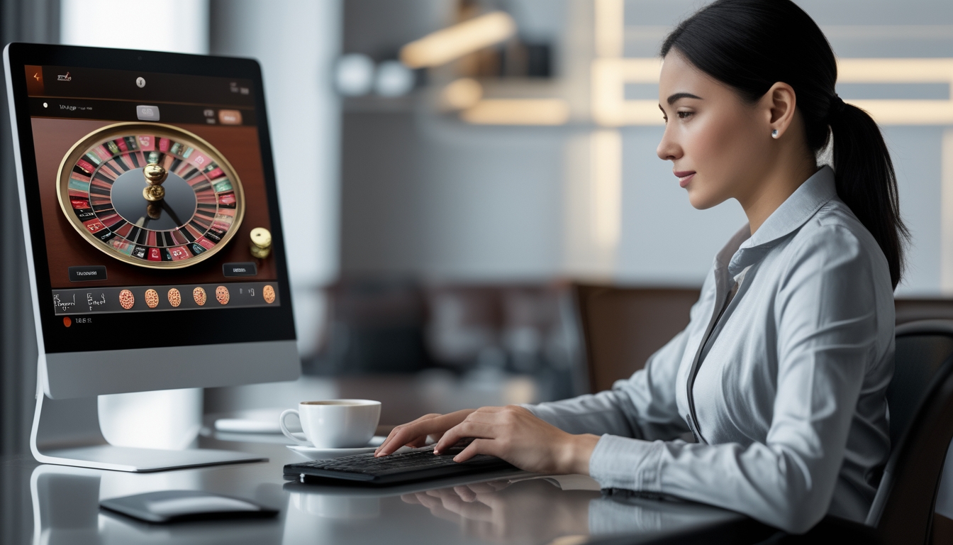Seorang pemain baccarat online yang fokus menggunakan komputer di meja kerja dengan tampilan permainan baccarat di layar.