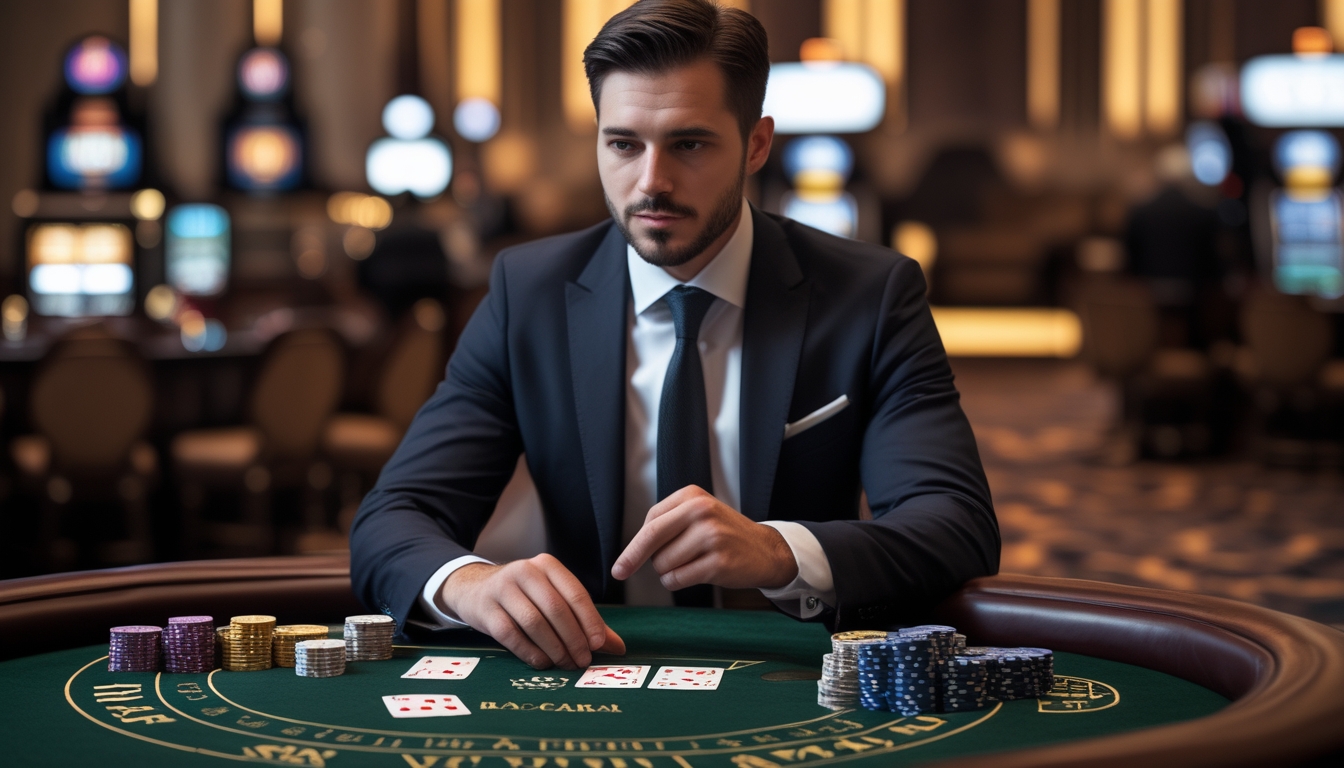 Seorang pria berpakaian rapi duduk di meja baccarat dengan kartu dan chip taruhan di depan, di dalam suasana kasino yang elegan.