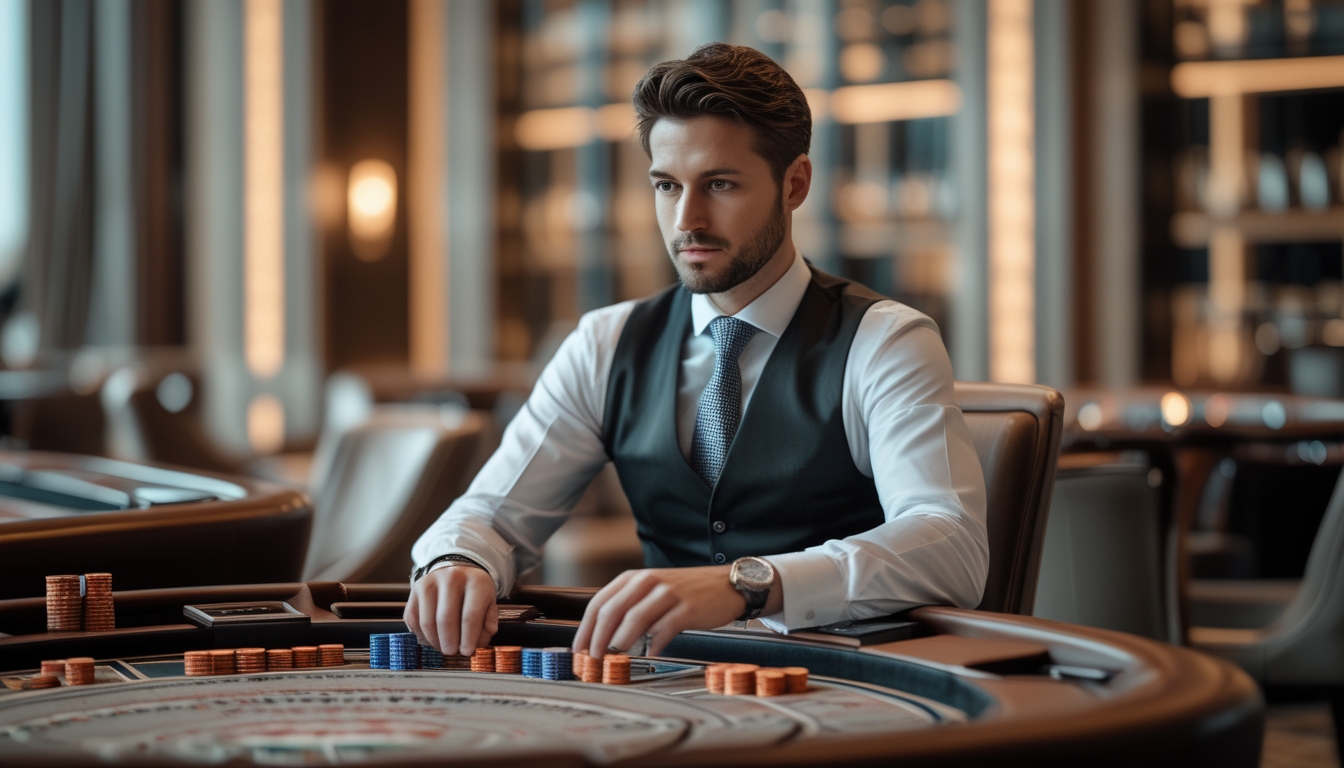 Seorang pemain profesional sedang duduk di meja Baccarat dengan kartu dan chip, tampak fokus dan serius dalam suasana kasino yang elegan.