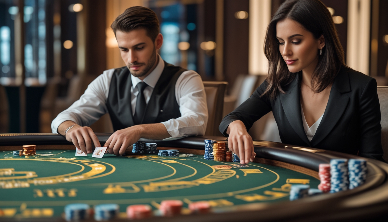 Dua orang sedang bermain baccarat di meja kasino mewah dengan fokus dan serius.