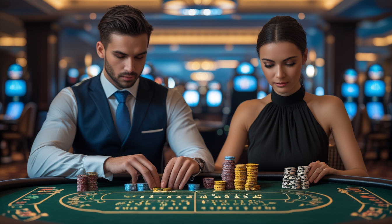 Dua pemain berpakaian rapi sedang bermain baccarat di meja kasino dengan tumpukan chip dan kartu, fokus pada permainan.